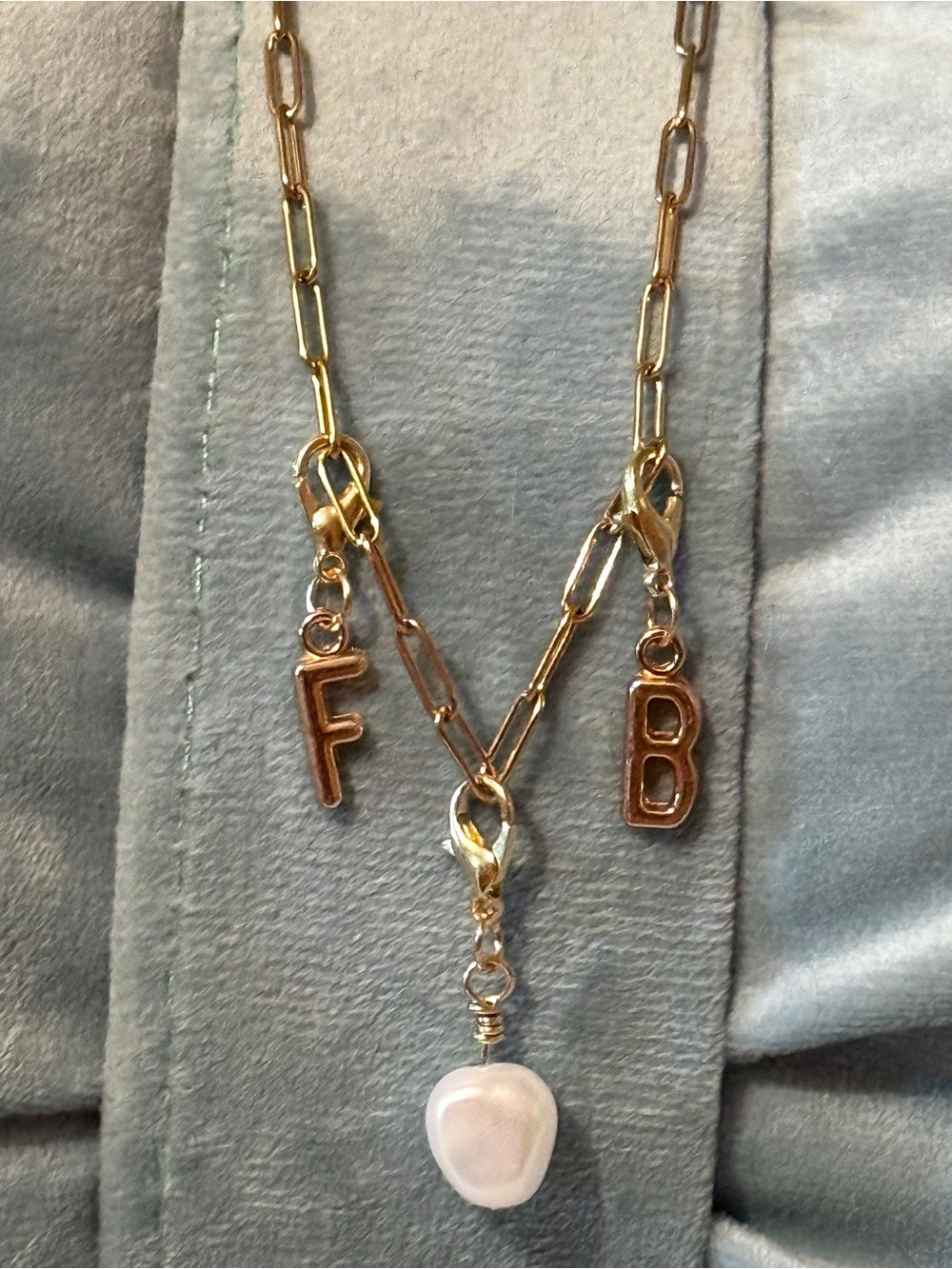 Gold Paperclip Initial Charm Necklace Pearl Custom Letter FB (Football) Layering - Picture 5 of 5